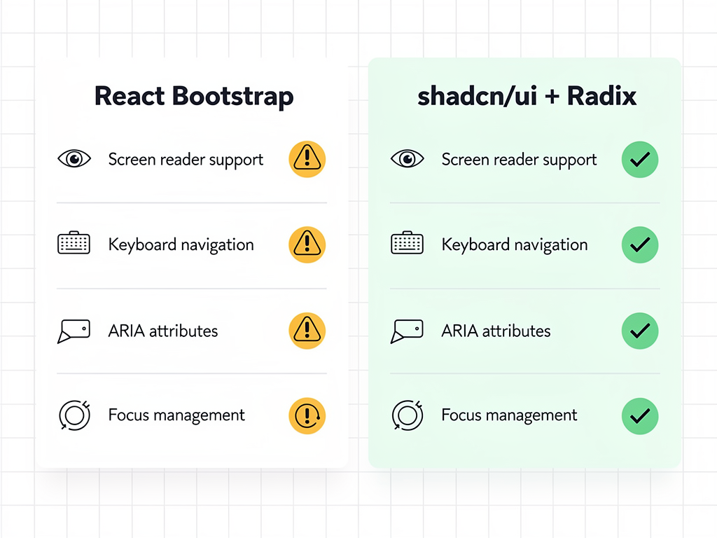 Accessibility compliance checklist infographic showing WCAG 2.1 requirements with checkmarks indicating which features are handled automatically by Radix UI primitives in Shadcn UI versus requiring manual implementation in React Bootstrap, using clean iconography and green/yellow color coding