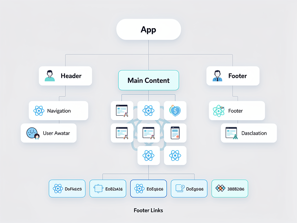 Diagram illustrating React component hierarchy, showing a tree structure with an App component at the top branching into Header, Main Content, and Footer components, with further subdivisions into smaller components like Navigation, User Avatar, Dashboard Widgets, and Footer Links, using clean lines and icons to represent each component type