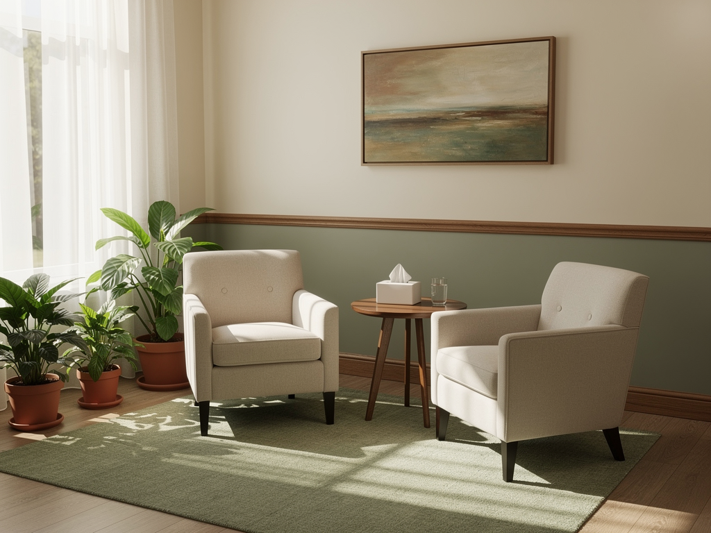 A warm, welcoming therapy room with comfortable seating, soft lighting, and calming artwork on the walls, plants adding natural elements, creating an atmosphere of safety and professional support