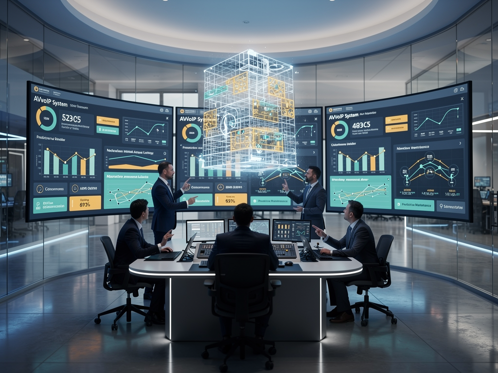 Futuristic building operations center with AI-powered analytics dashboards, holographic building models, and predictive maintenance alerts displayed across curved video walls, depicting next-generation facility management