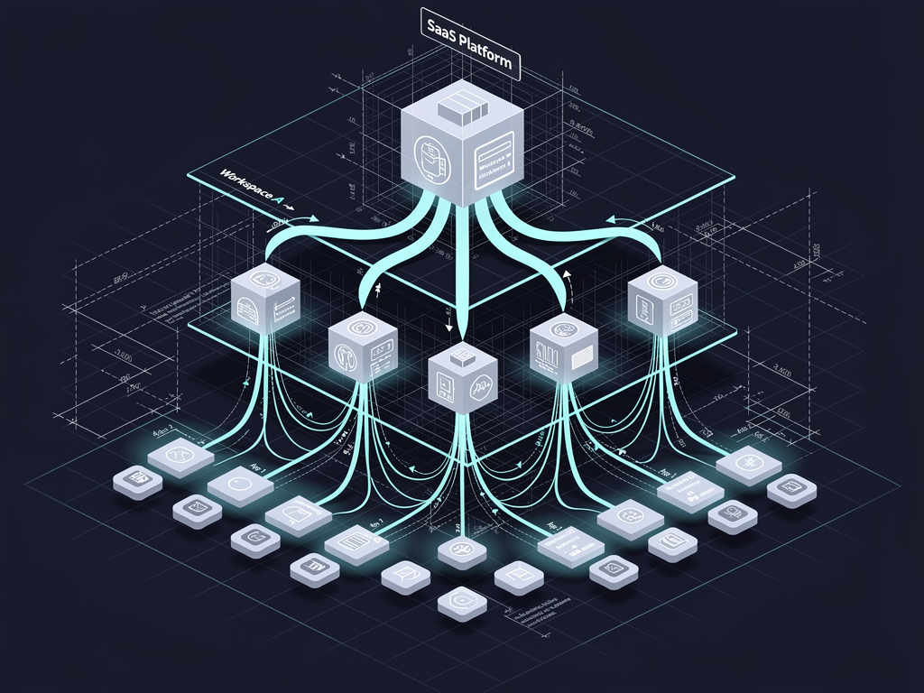 Architectural diagram showing a hierarchical multi-tenant structure with a main platform at the top, multiple client workspaces in the middle layer, and end-user applications at the bottom, connected by lines indicating data flow and authentication paths, rendered in a clean technical illustration style with blue and white color scheme