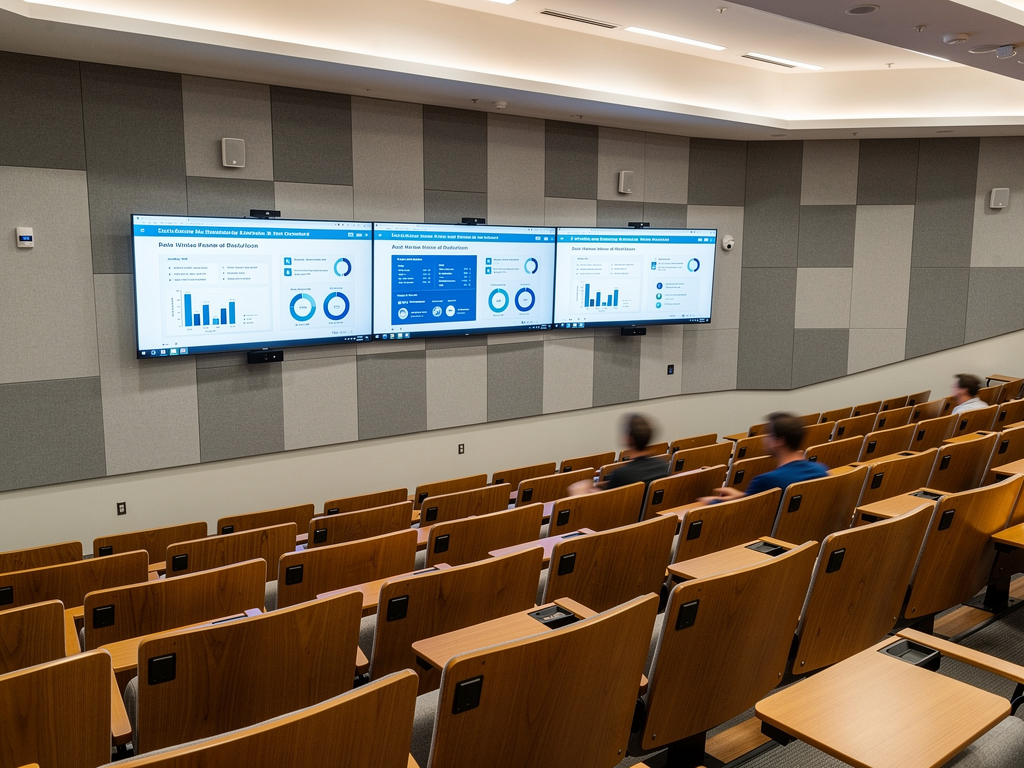 University lecture hall with multiple ceiling-mounted displays showing synchronized educational content, occupancy sensors visible on walls, and ambient lighting adjusted for optimal viewing, capturing modern smart classroom environment