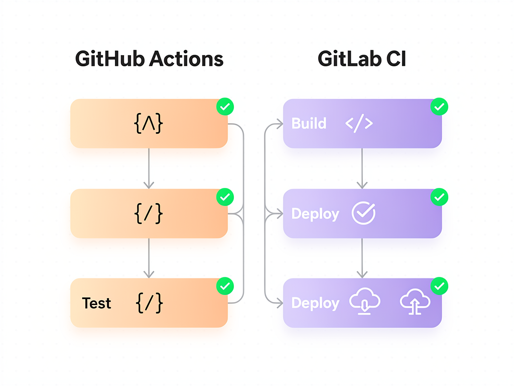 Infographic comparing CI/CD pipeline structures between GitHub Actions and GitLab CI, showing workflow diagrams with build, test, and deploy stages, using clean iconography and data visualization elements with connecting arrows and status indicators