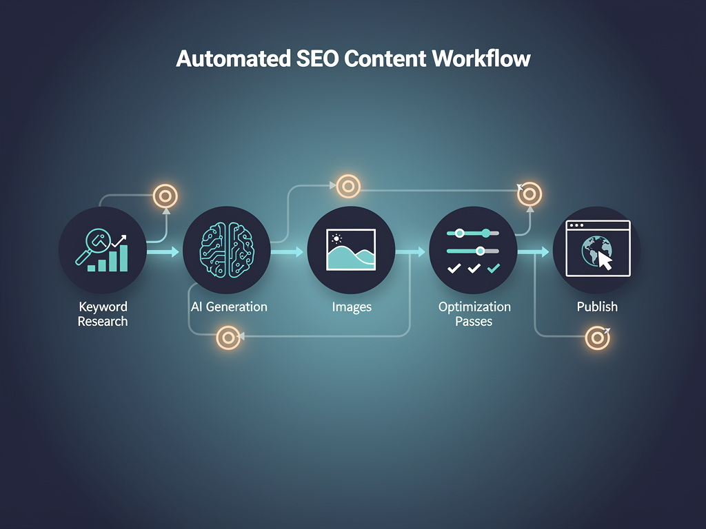 Flowchart diagram illustrating automated SEO content workflow from keyword research through content generation, image creation, optimization, and one-click publishing to WordPress, with approval checkpoints highlighted