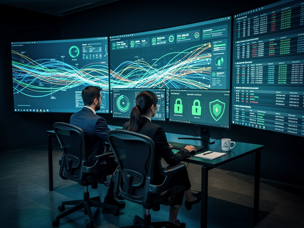 A cybersecurity operations center with analysts reviewing network traffic patterns on multiple screens, security dashboards showing encryption status and threat detection alerts, dark room with monitor glow, focused professional atmosphere