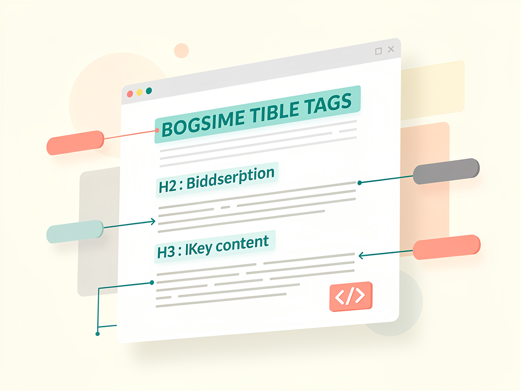 Annotated screenshot of a blog article showing proper SEO optimization elements including highlighted title tag with primary keyword, meta description preview, H2 headers with secondary keywords, internal links to related articles, and schema markup code snippet visible in a sidebar panel