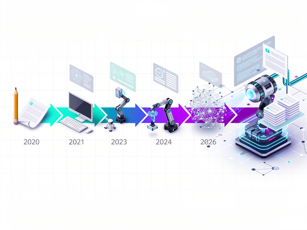 Timeline graphic showing evolution of AI content platforms from basic writing assistance to full automation, progression arrows indicating increasing capability sophistication over years