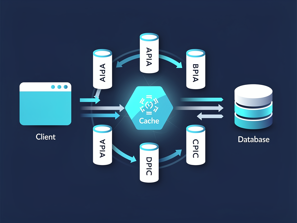 Infographic showing the data flow architecture in a modern SaaS application, with clean icons representing client components, TanStack Query cache layer, API endpoints, and database storage, connected by flowing arrows indicating request and response cycles, using a professional blue and white color scheme with data visualization aesthetic