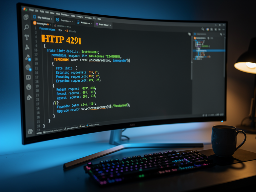 API response example showing HTTP 429 status code with detailed JSON error body including rate limit information, reset timestamp, and upgrade suggestions, displayed in a REST client interface with syntax highlighting