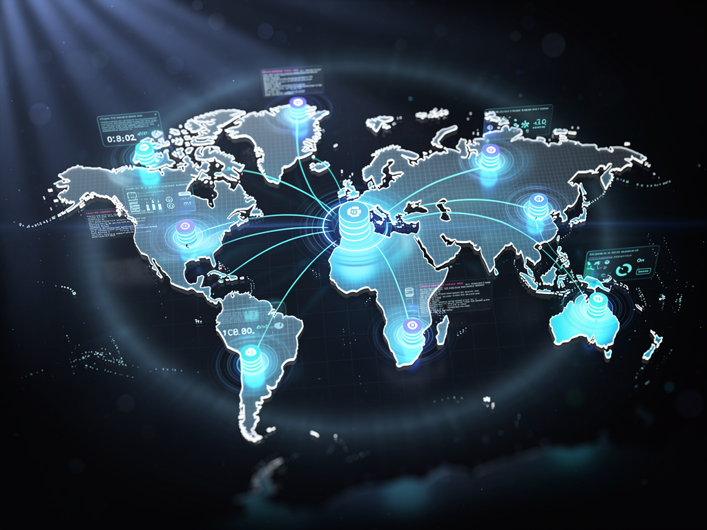 World map visualization showing edge deployment locations with connection lines to a central database, featuring glowing nodes at edge locations in North America, Europe, and Asia, with latency metrics displayed next to each region in a futuristic holographic style