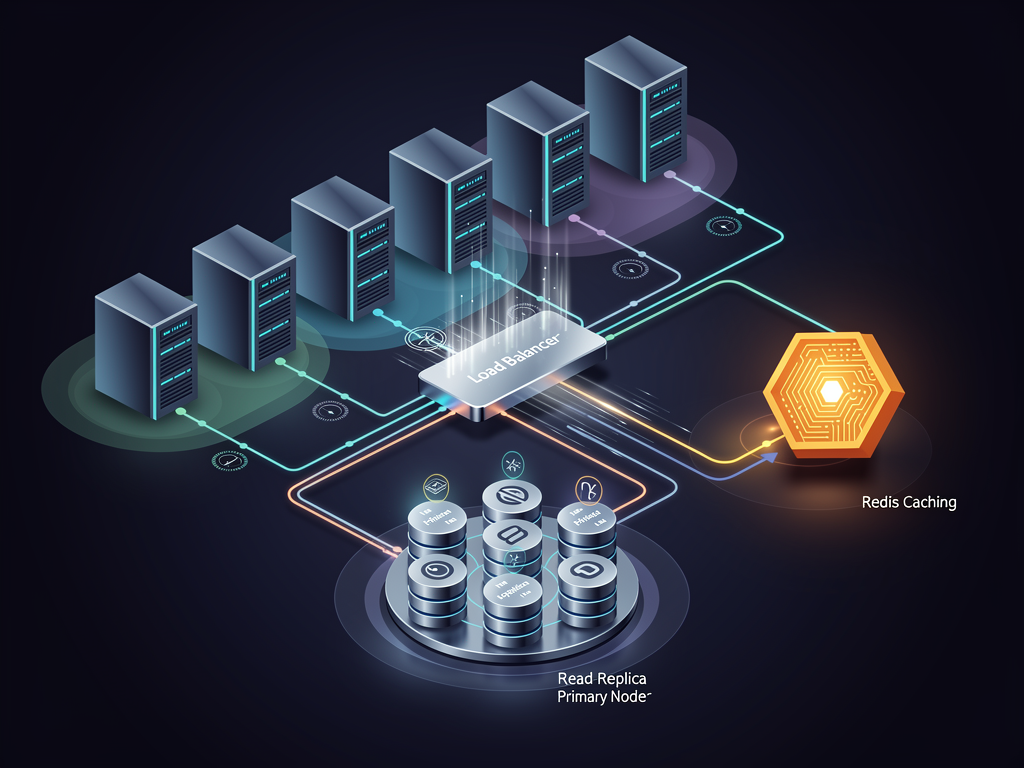 Architectural diagram showing horizontal scaling of a multi-tenant platform with load balancers distributing traffic across multiple application server instances, connected to a database cluster with read replicas and a Redis caching layer, with tenant-specific rate limiting illustrated
