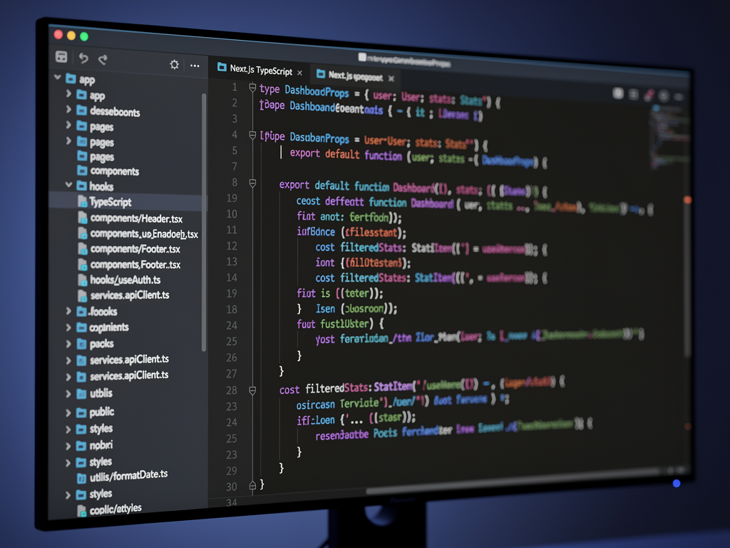 VS Code editor showing a well-organized Next.js project structure with clearly labeled folders for components, hooks, services, and utilities, TypeScript files with proper type annotations visible, dark theme with syntax highlighting
