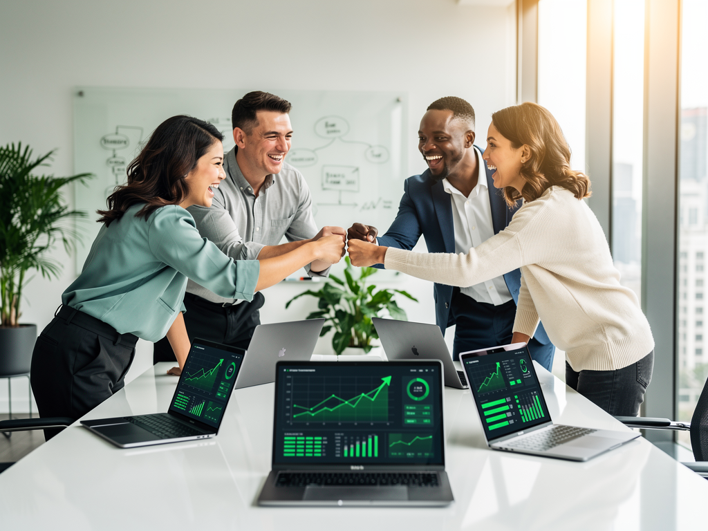 Successful marketing team celebrating around conference table with laptops showing improved search rankings and traffic growth charts, bright modern office with large windows and collaborative atmosphere