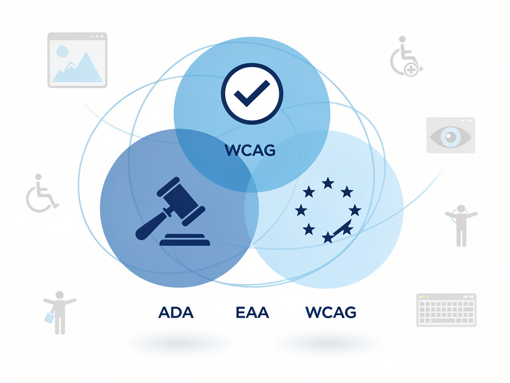 Infographic displaying the three major accessibility standards (ADA, EAA, and WCAG) as interconnected circles with key requirements listed beneath each, including specific alt text mandates, compliance deadlines, and geographic applicability, rendered in a professional blue and white color scheme