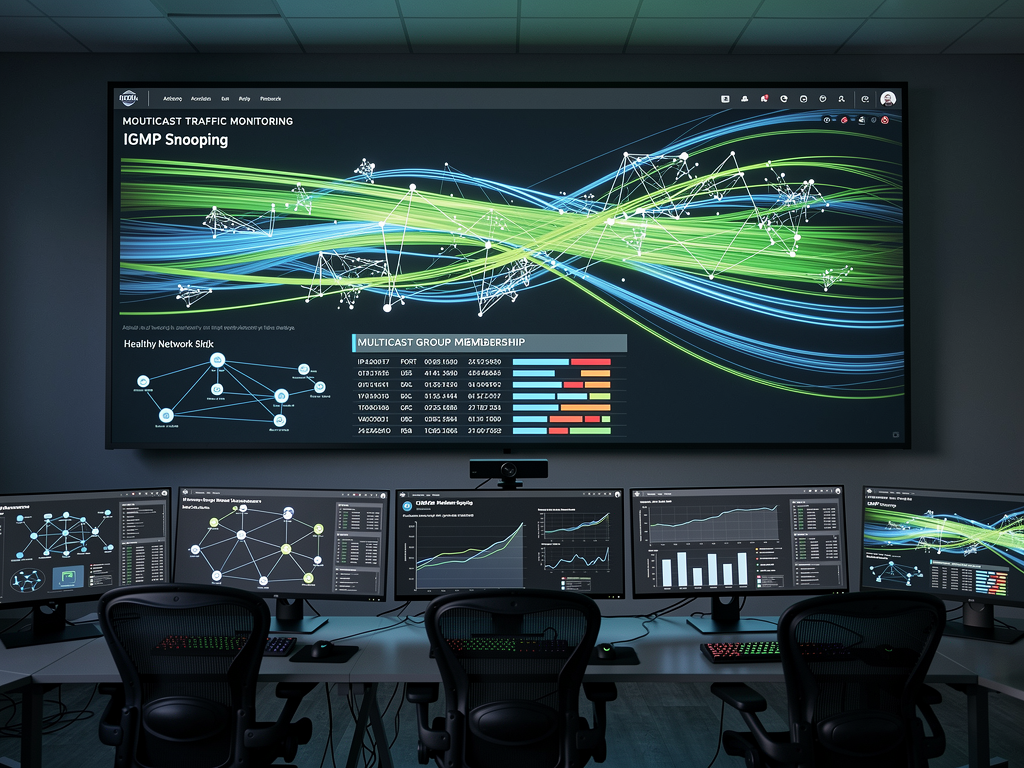 Network monitoring dashboard on a large display showing multicast group membership tables and traffic flow visualizations, green and blue data streams indicating healthy IGMP snooping operation, modern control room environment