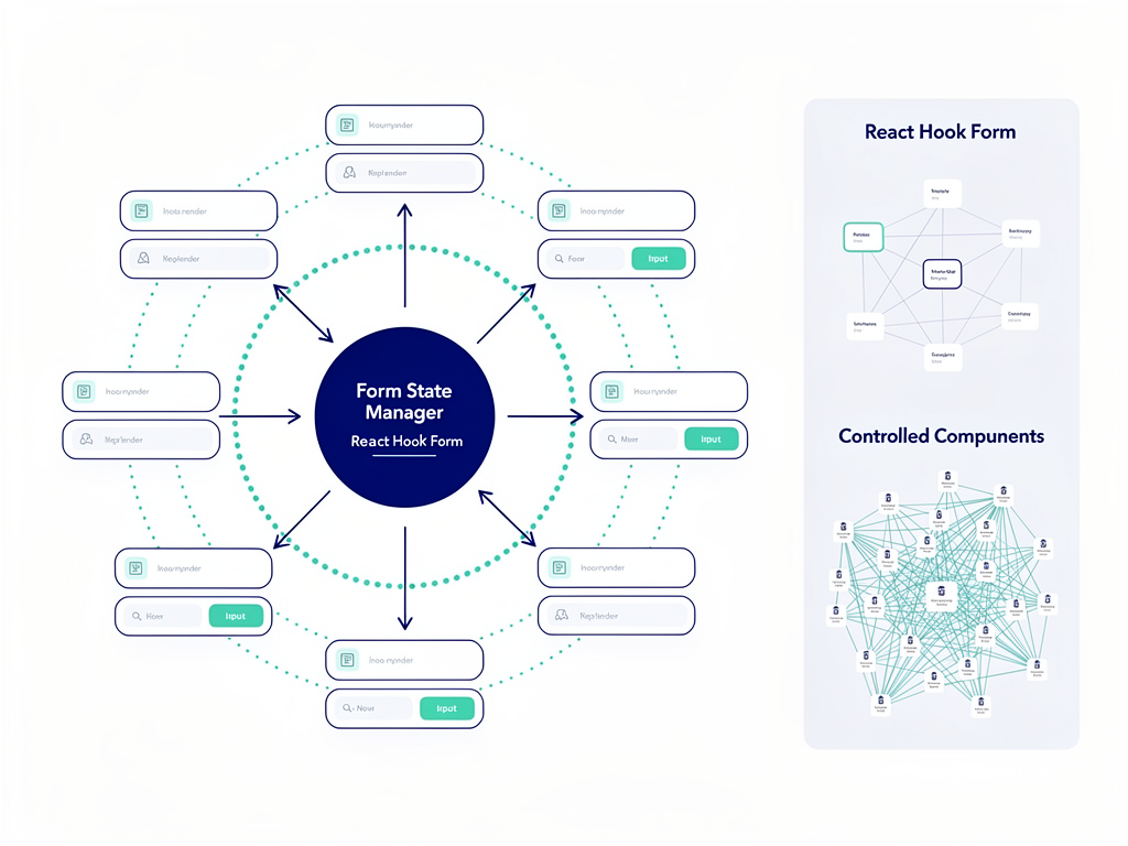 Architectural diagram showing React Hook Form's uncontrolled input approach with refs connecting form fields to a central form state manager, arrows indicating minimal re-render paths compared to controlled components, clean infographic style with blue and white color scheme