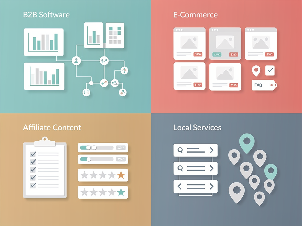 A grid showing four industry quadrants including B2B SaaS, e-commerce, affiliate marketing, and local services, each with icons representing their primary content types and AI optimization priorities. The B2B quadrant shows comparison tables and integration guides, e-commerce shows product grids and buying guides, affiliate shows testing documentation and review formats, and local services shows FAQ sections and service area content. The design uses distinct color coding for each quadrant with clean iconography.