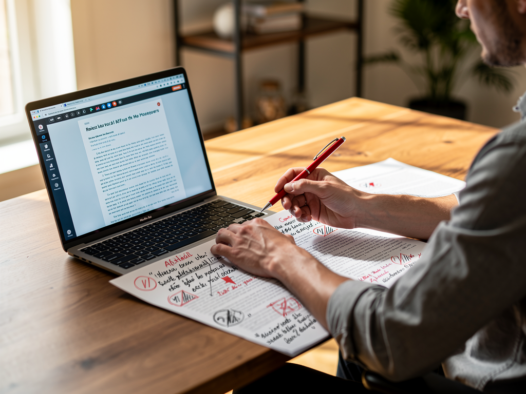 Content editor reviewing AI-generated article on laptop screen with red pen marks on printed draft beside keyboard, showing the hybrid workflow of AI generation and human editorial refinement in a professional office setting