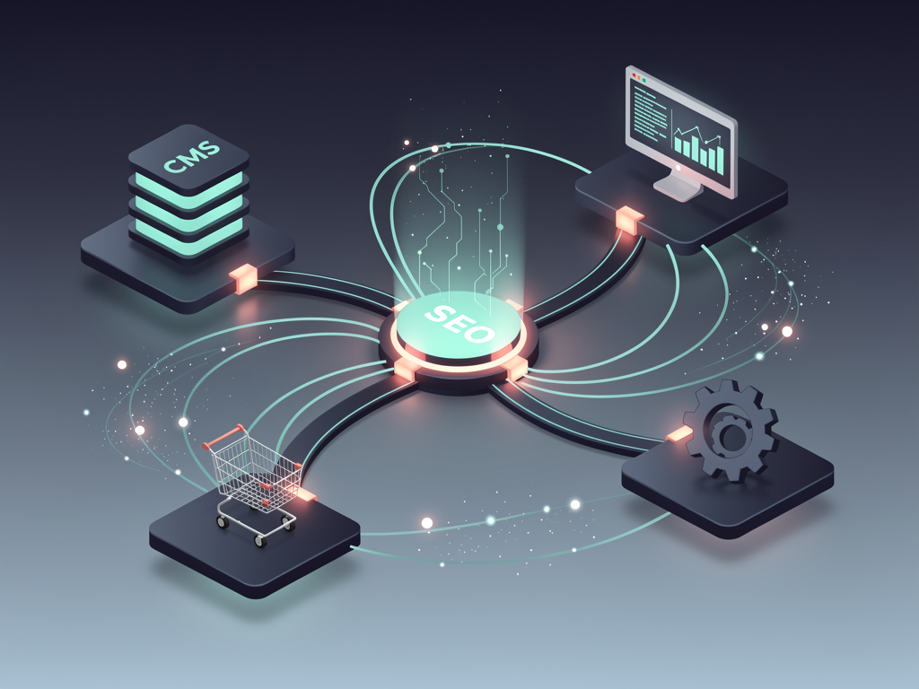 Technical diagram showing API connections between SEO tools, CMS platforms, analytics services, and marketing automation systems with data flowing between interconnected nodes