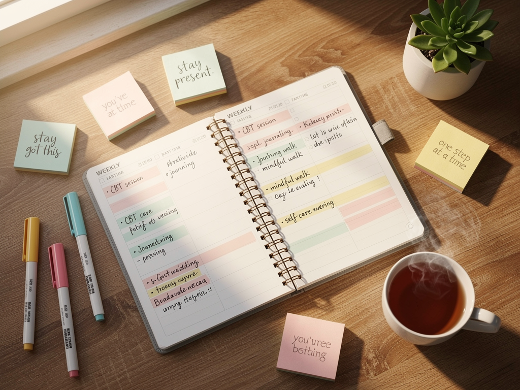 A calendar and planner on a desk with colourful markers and notes, showing a weekly schedule with self-care activities marked, natural daylight illuminating the organised workspace, suggesting structured planning for mental health practices