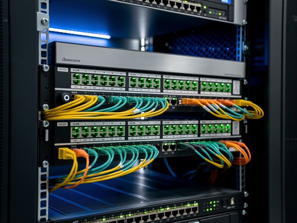 Network switch stack in a professional AV rack showing fiber optic connections with green active lights, organized cable runs, and labeling indicating dedicated AV VLAN configuration, photographed in a climate-controlled equipment room with ambient lighting