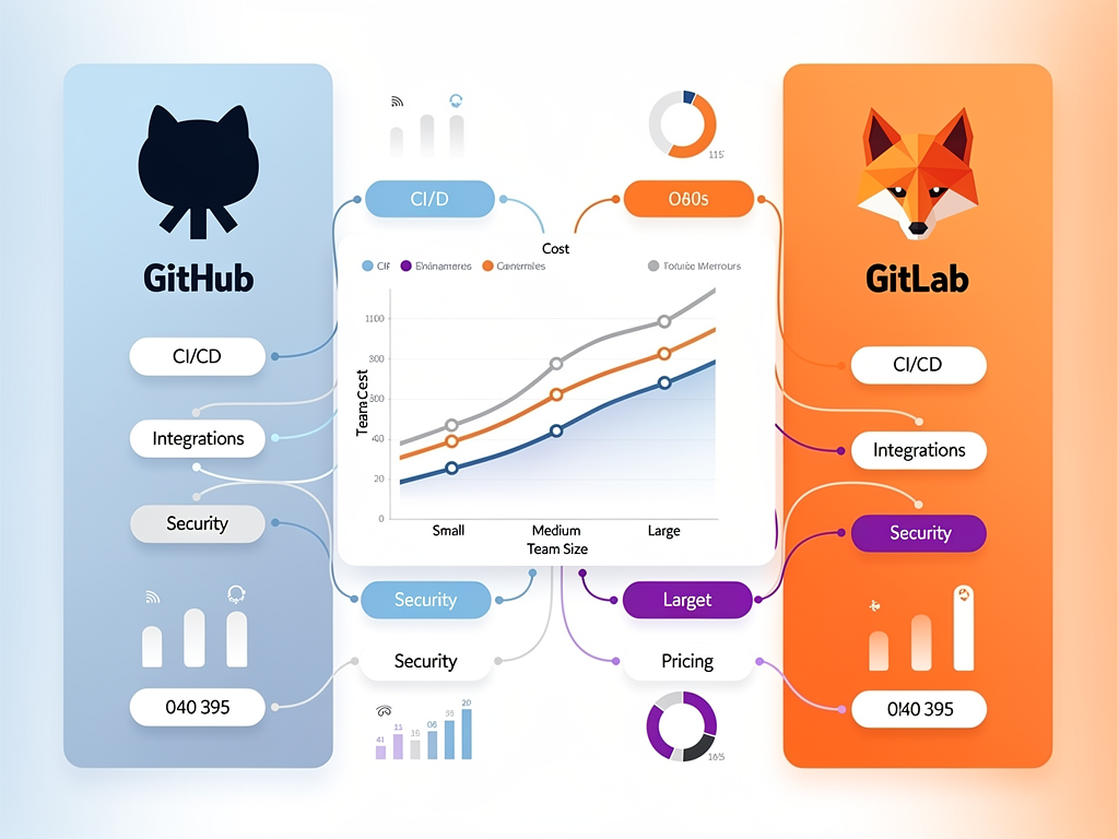 Scaling cost comparison chart showing monthly platform costs for GitHub and GitLab across different team sizes from 5 to 100 developers, with separate lines for different feature configurations and breakeven points highlighted