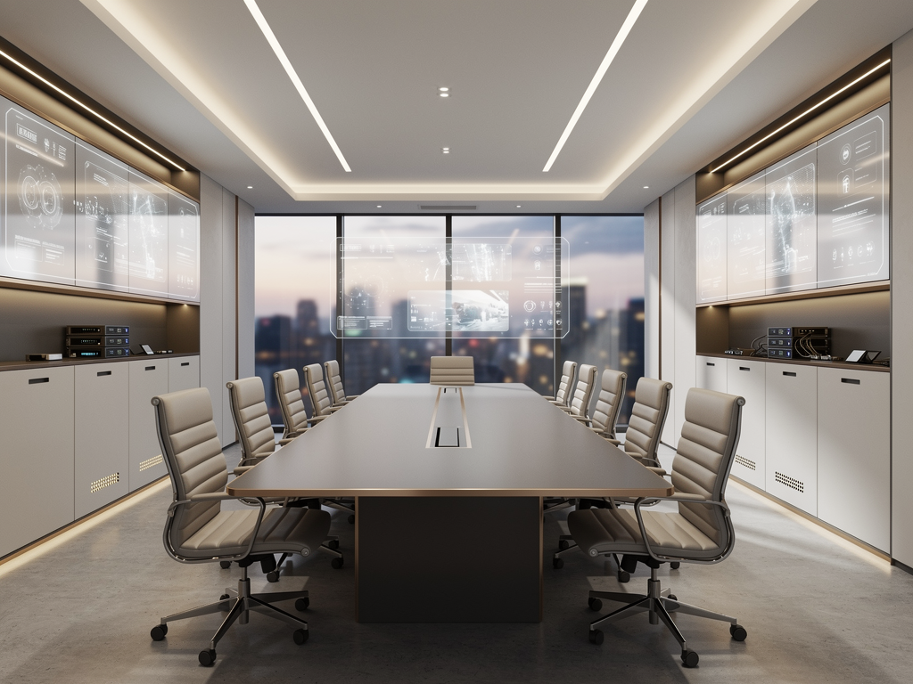 Futuristic boardroom concept rendering showing transparent displays, holographic presentation elements, and sleek integrated technology, warm lighting creating an inviting atmosphere, executive furniture with clean modern lines