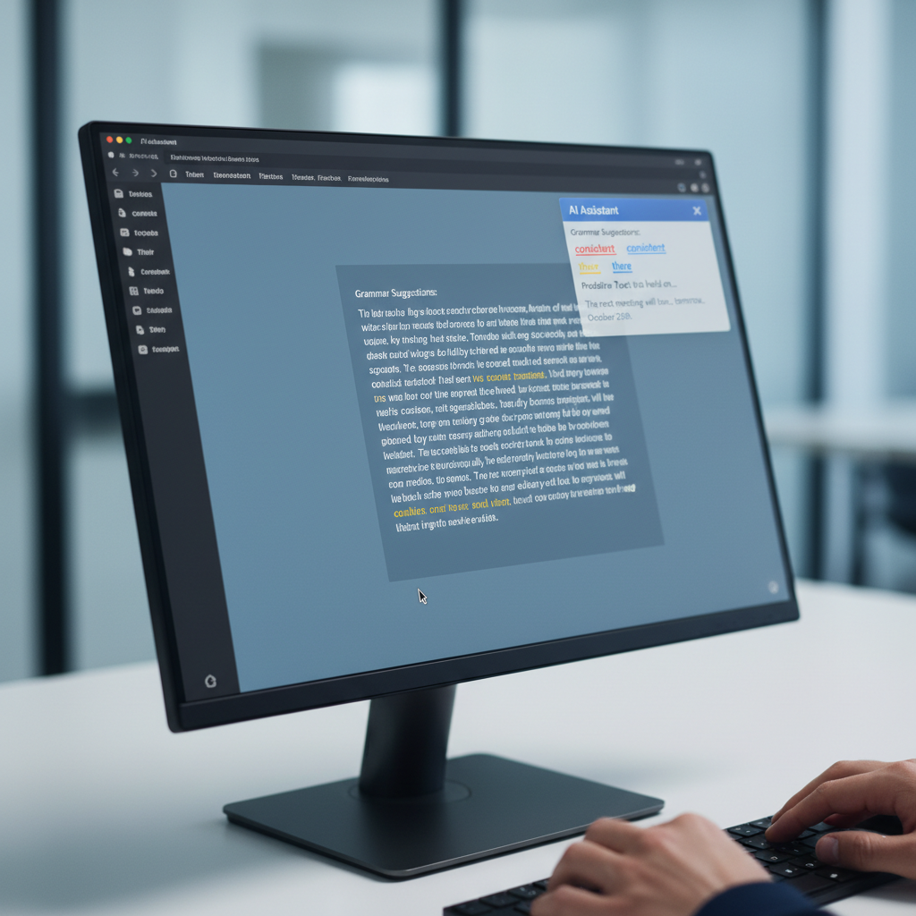 A close-up of a computer screen showing a document being typed, with a small pop-up window displaying real-time grammar suggestions and word predictions, demonstrating an advanced writing assistant in action.