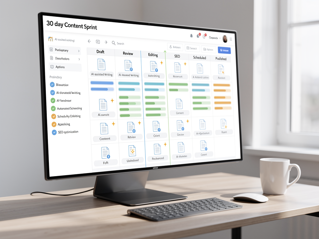 Project management dashboard showing a 30-day content sprint calendar with articles in various production stages, color-coded status indicators, and automated publishing schedules displayed in a clean, modern interface
