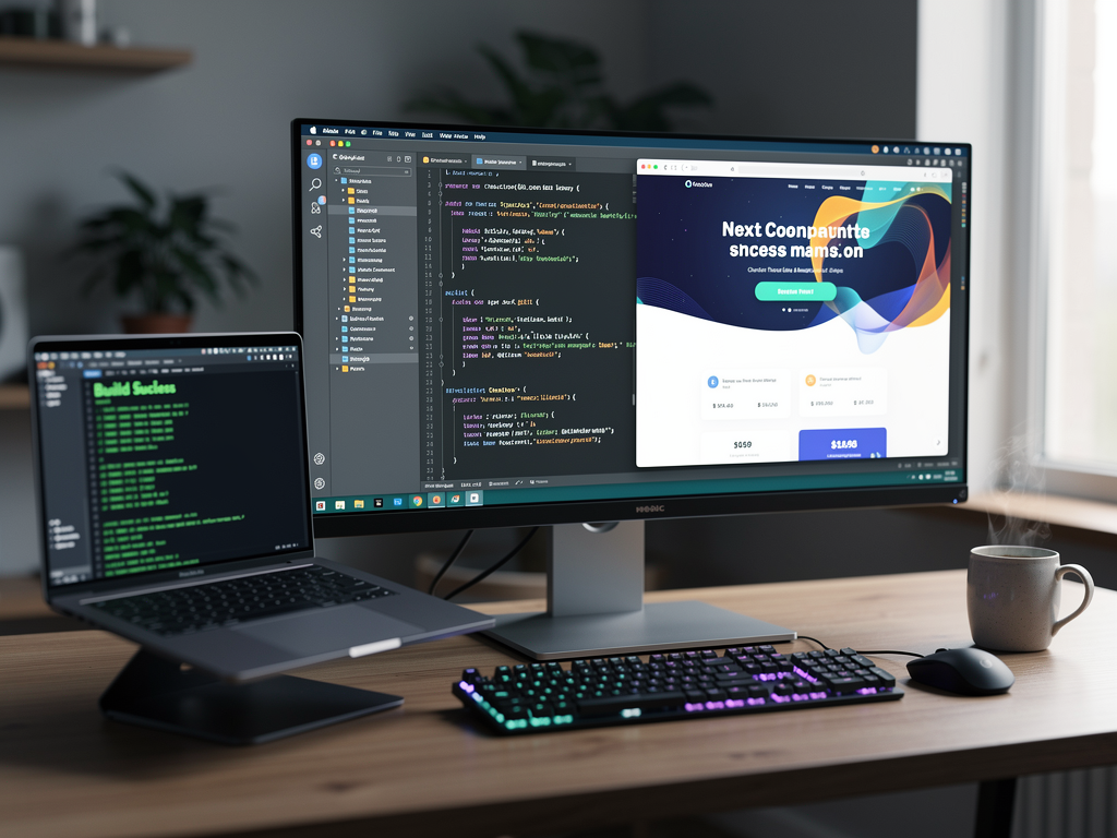 Developer workspace showing code editor with Next.js component file open, browser preview of landing page, and terminal window displaying successful build output, demonstrating the development workflow for template customization