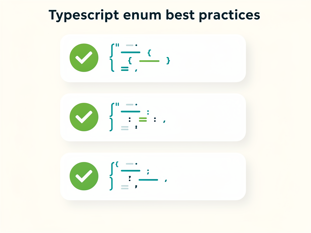 Checklist infographic displaying best practices for TypeScript enum design including explicit string values, singular naming conventions, documentation comments, and consistent casing, presented in a clean card-based layout with green checkmark icons