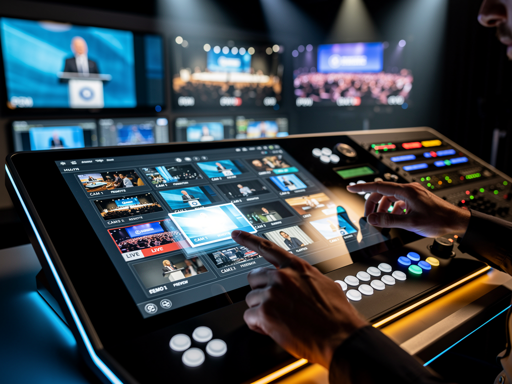 Touch panel control interface displaying a grid of video source thumbnails with preview monitors visible in the background, operator's hands visible selecting sources, professional broadcast environment with dramatic lighting highlighting the control surface
