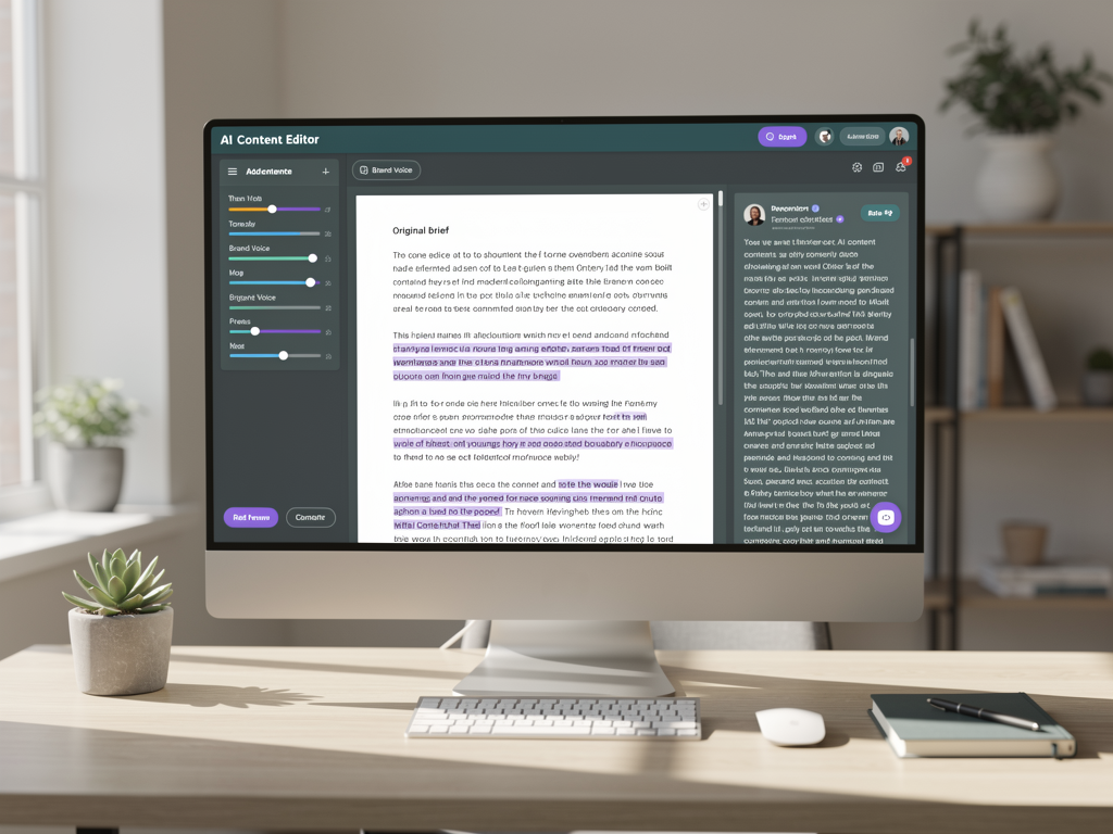 AI writing assistant interface showing content generation in progress with brand voice settings panel, tone adjustment controls, and real-time preview of generated text alongside the original brief, modern editor interface with collaborative features visible