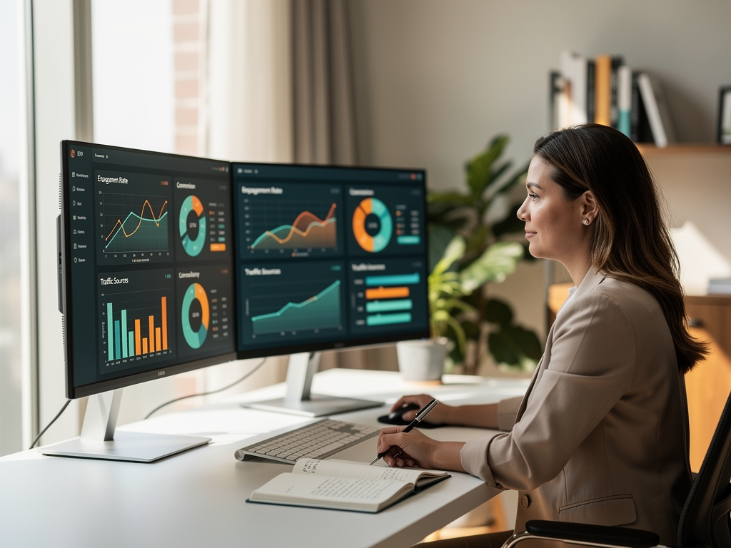 Professional content strategist reviewing analytics dashboard showing organic traffic growth, satisfied expression, modern office environment with multiple screens displaying SEO metrics and content performance data
