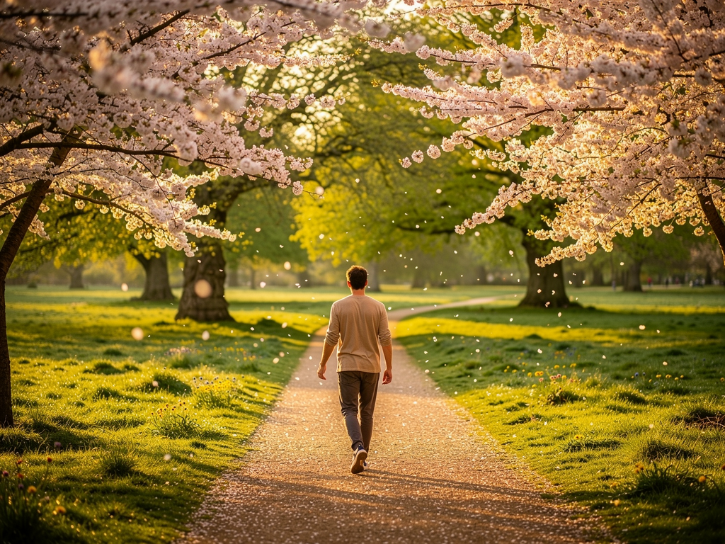 A person walking confidently along a sunlit path in a British park during spring, trees in bloom, symbolising new beginnings and personal growth after overcoming difficult experiences, hopeful and optimistic mood