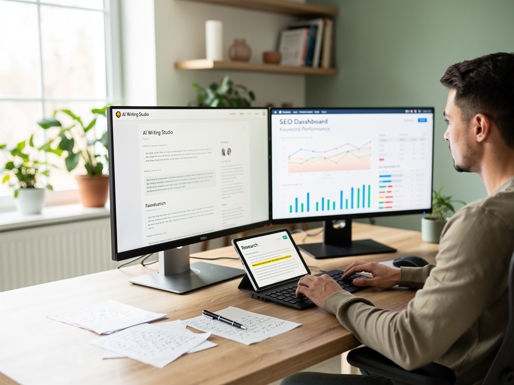 Content creator working at a desk with dual monitors showing AI writing interface on one screen and SEO optimization dashboard on the other, with notes and research materials visible in a creative home office setting