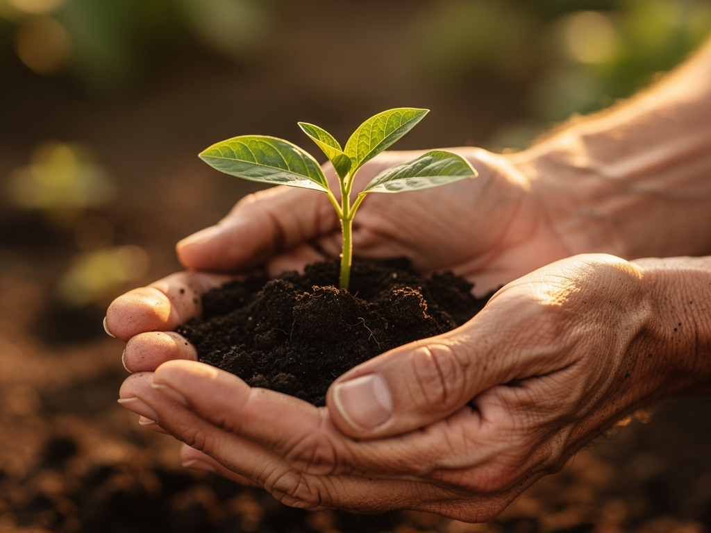 Two hands gently cupping a small plant seedling with soil, photographed in soft natural light against a blurred garden background, conveying nurturing, growth, and gentle care