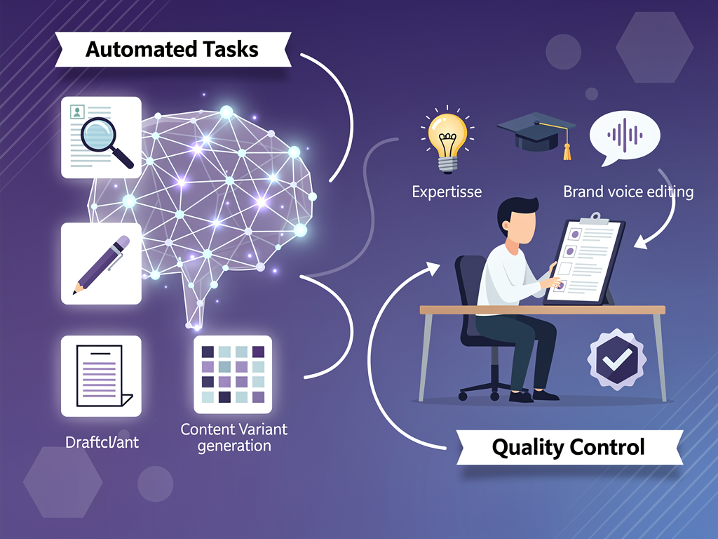A split-screen visualization showing AI workflow on the left with automated research, drafting, and variant generation tasks, and human workflow on the right with expertise injection, brand voice editing, and final quality review. Connecting arrows show the handoff points between AI and human contributions. The design uses a clean infographic style with icons representing each task type against a gradient purple and blue background.
