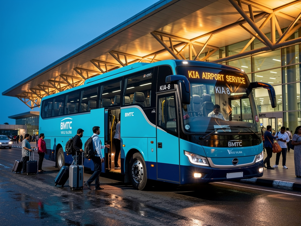 BMTC Vayu Vajra bus parked at Kempegowda International Airport terminal, passengers with luggage boarding and alighting, airport terminal building visible in background, clear signage showing bus route number, evening lighting with terminal lights illuminating the scene
