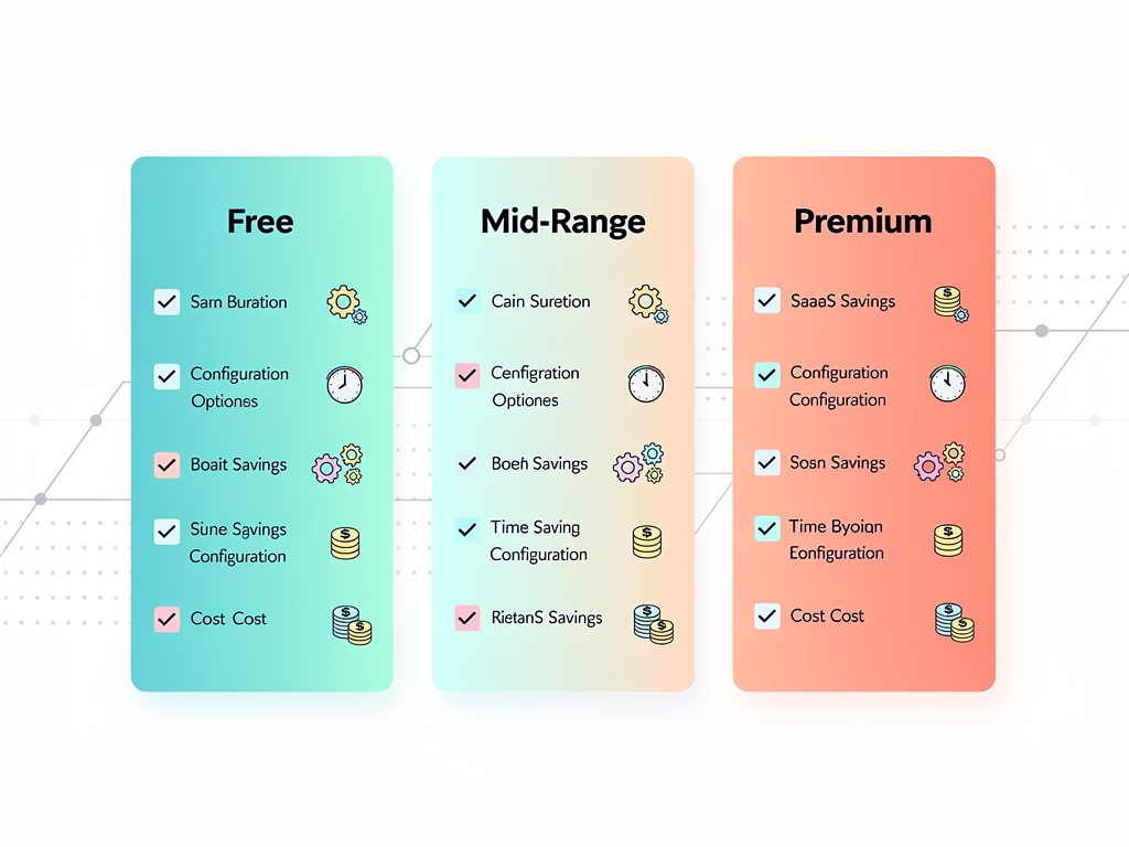 Comparison table infographic showing starter kit pricing tiers from free to premium, with icons indicating included features at each level, development time savings estimates, and total cost of ownership calculations in clean data visualization style