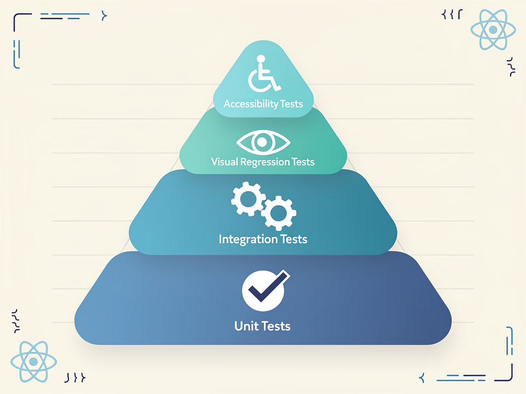 Testing pyramid diagram showing unit tests, integration tests, visual regression tests, and accessibility tests for component library implementations, with specific tool recommendations for each layer using clean infographic styling with icons and labels