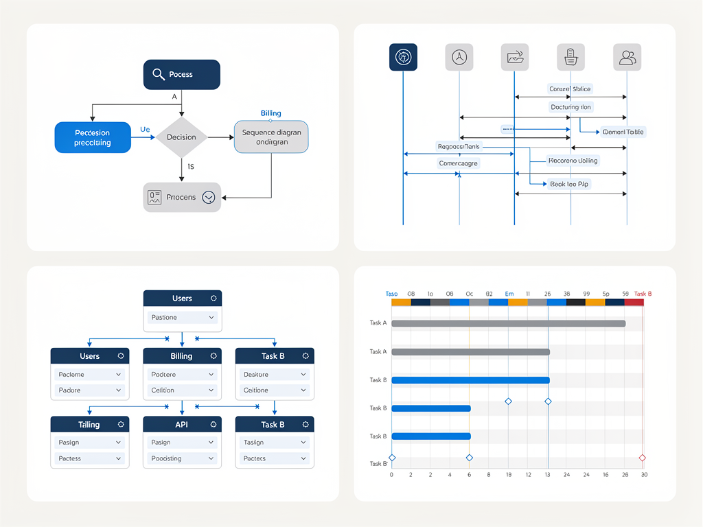 Four-panel grid showing different Mermaid diagram types: flowchart with decision nodes in top-left, sequence diagram with participant lifelines in top-right, entity relationship diagram with connected tables in bottom-left, and Gantt chart with timeline bars in bottom-right, all rendered with consistent blue and gray color scheme