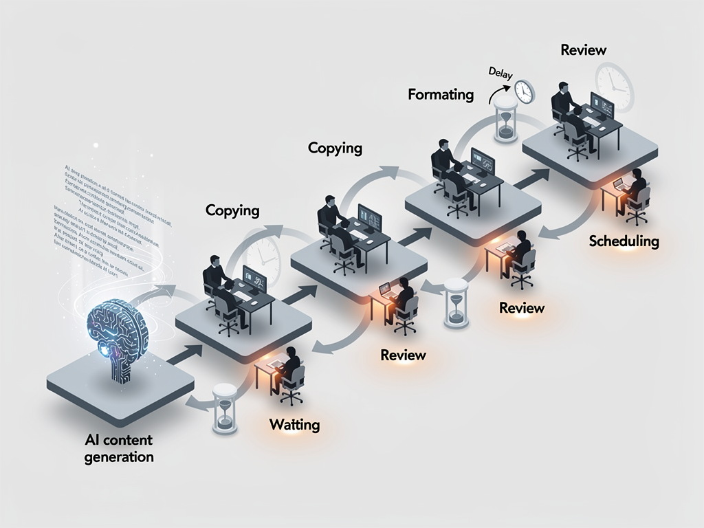 Workflow diagram showing content creation process with multiple manual steps between AI generation and final publication, arrows indicating handoff points and time delays at each stage