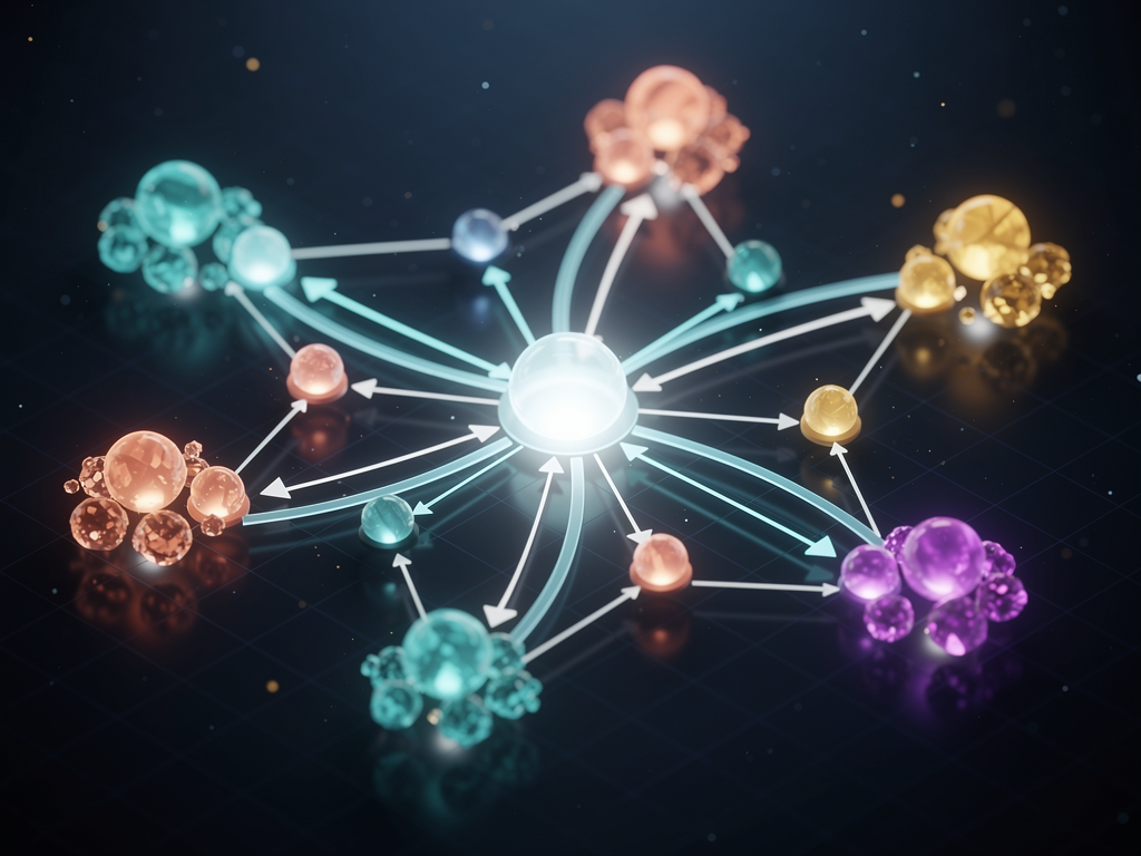 A network visualization diagram showing interconnected website nodes with directional link arrows, color-coded by topical category. The visualization demonstrates how backlink exchange networks create authority signals through relevant cross-linking between quality websites in related niches.