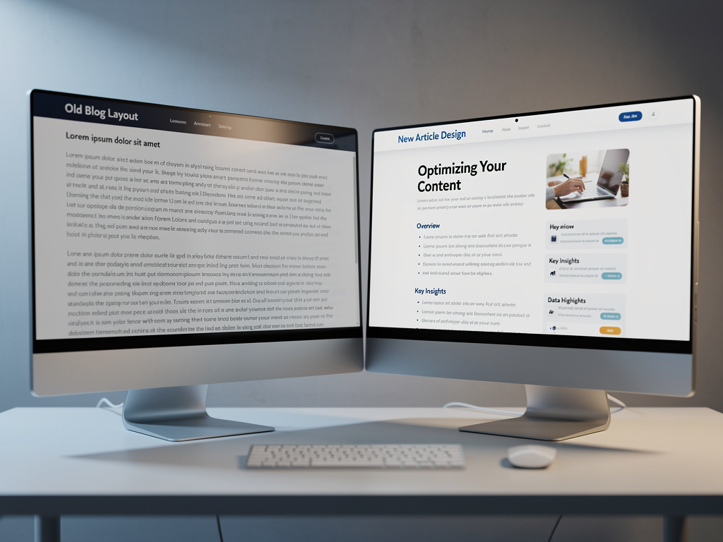 Split-screen comparison showing a blog post before and after refresh, with the before version featuring outdated design, wall-of-text formatting, and missing images, while the after version shows modern formatting, clear headers, embedded images, and FAQ section with schema markup indicators