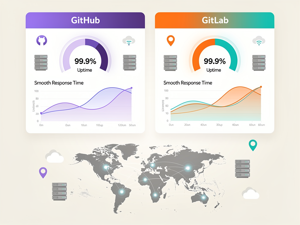 Performance metrics dashboard showing uptime percentages, response time graphs, and global latency maps for both GitHub and GitLab platforms, with clean data visualization elements and comparative statistics displayed in an infographic style