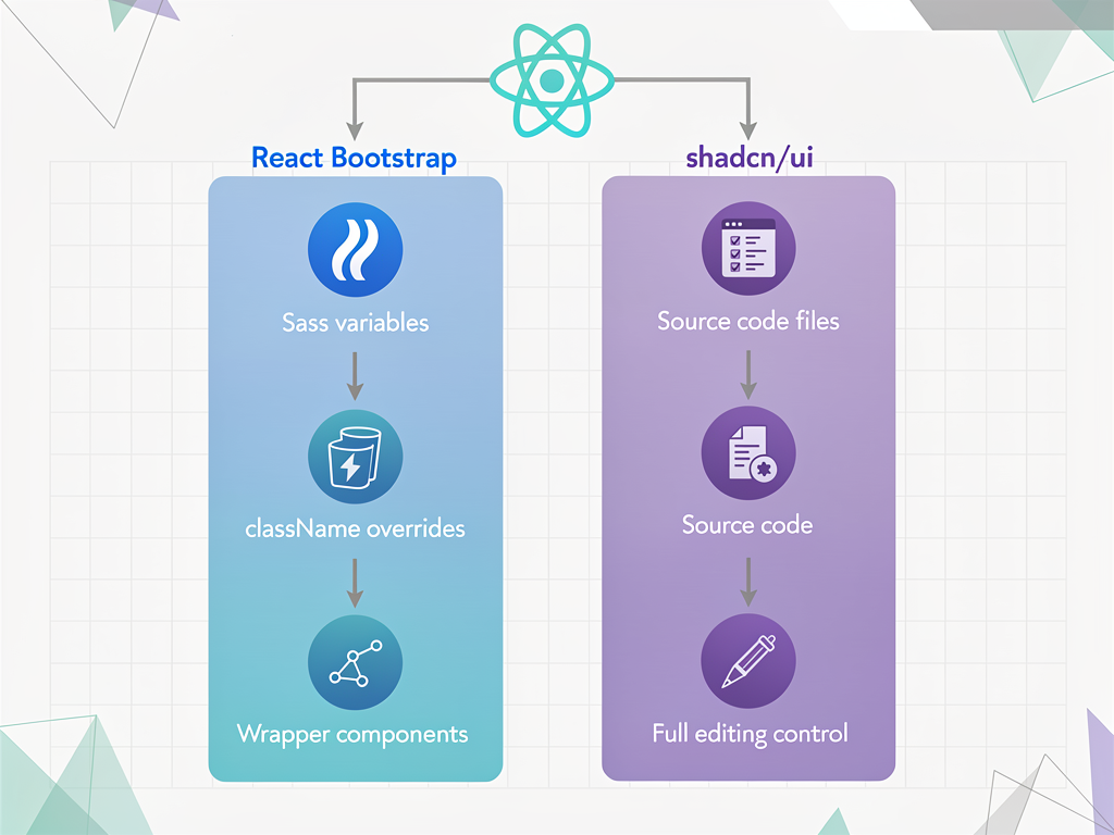 Workflow diagram showing the customization process for both libraries, with React Bootstrap showing a path through Sass variables, className overrides, and wrapper components, while Shadcn UI shows direct source code editing with full control, using flowchart iconography and contrasting colors