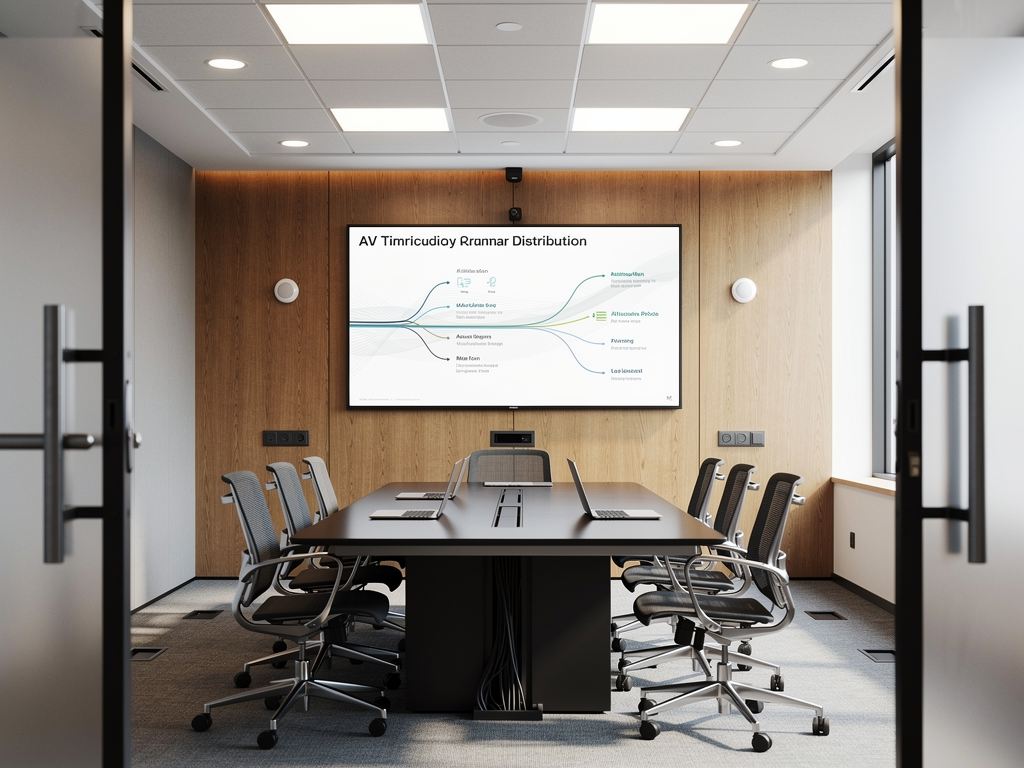 A modern conference room with a large wall-mounted display showing a presentation, occupancy sensors visible on the ceiling, and ambient lighting automatically adjusted, photographed from the doorway perspective in warm professional lighting