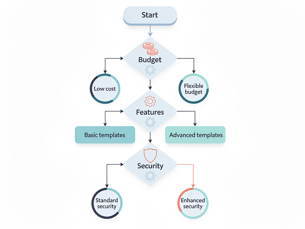 Decision tree flowchart for selecting a Next.js SaaS template, starting with budget considerations, branching through feature requirements like multi-tenancy and enterprise SSO, and ending with specific template recommendations, displayed in a clean infographic style with decision nodes and arrows
