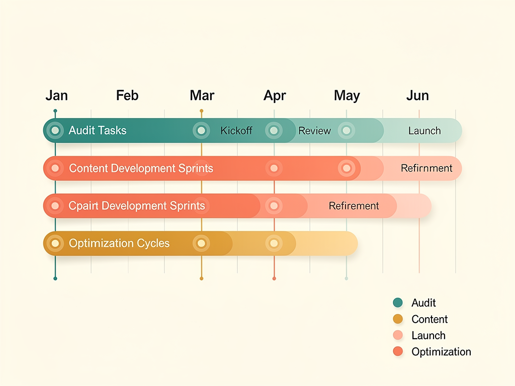 Gantt chart style project timeline showing AEO implementation phases over three months, with overlapping bars for audit, quick wins, content development, and ongoing optimization activities, color-coded by priority level